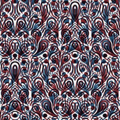 Seamless abstract damask pattern in flat red blue black white. High quality illustration. Abstract design of red and blue overlaid to form a modern attractive abstract seamless surface design.