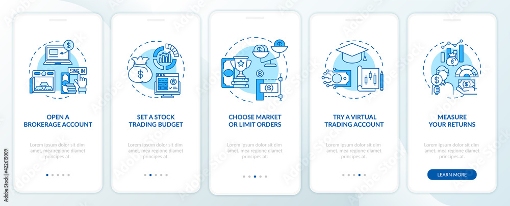 Wall mural stock trading path onboarding mobile app page screen with concepts. broker account, budget plan walk