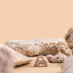 Stone podium for cosmetic, products, cream or perfumes mockup on beige color background.