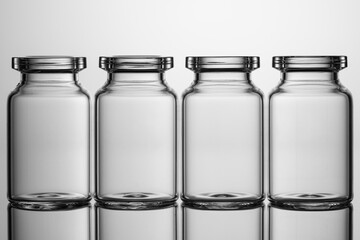 Medicine glass jars, capacity for liquid medicines with an open neck without stopper. Close up shot on a gray background