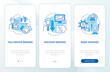 Stockbroker types onboarding mobile app page screen with concepts. Full service, AI advisors walkthrough 3 steps graphic instructions. UI, UX, GUI vector template with linear color illustrations