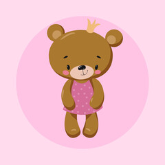 Сute teddy bear in a pink dress with a crown on his head