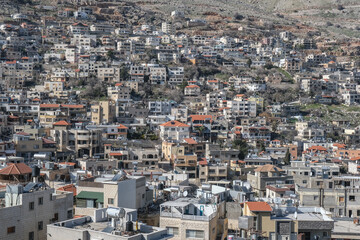View of Majdal Shams, a Druze town in the southern foothills of Mount Hermon, north of the Golan...