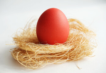 Orange Easter dyed egg on coconut fiber on a white background close up