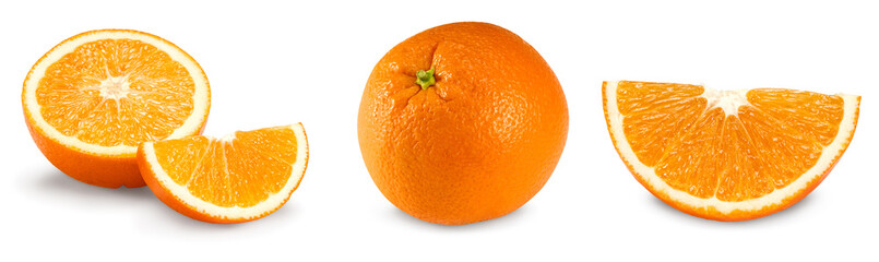 collection of cut of orange isolated on white background. healthy food. clipping path