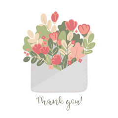 Thank you! Envelope with pink flowers and green leaves. Cute romantic card. Gratitude poster.  Gratefulness. Vector hand drawn illustration on white background.