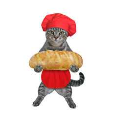 A gray cat baker in a red chef hat and apron is holding a loaf of bread. White background. Isolated.