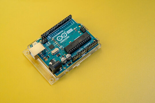 MOSCOW - OCTOBER 24, 2020: Arduino Uno R3. Programmable controller based on ATmega328, isolate