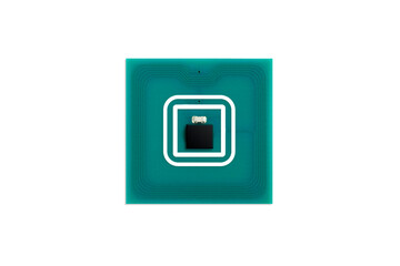 Green Microchip on a white background. Concept of technologies in electronics, computer and use of microchip in everyday life and medicine. Isolated object. View top