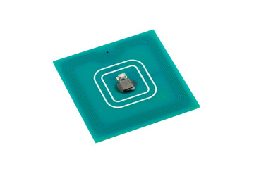 Green Microchip on a white background. Concept of technologies in electronics, computer and use of microchip in everyday life and medicine. Isolated object
