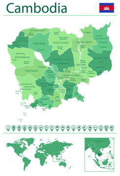 Cambodia detailed map and flag. Cambodia on world map.