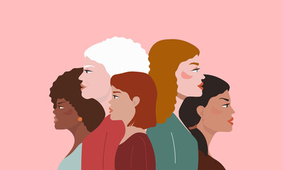 Beautiful women of different ages, races, hair and skin colors in profile. The concept of motherhood, friendship, care and love, different generations. Vector.