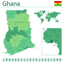 Ghana detailed map and flag. Ghana on world map.