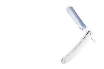 Straight metal razor with a wooden handle.