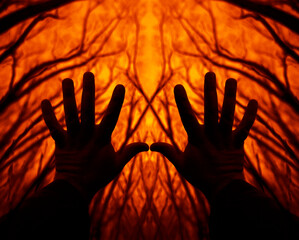 silhouette of male hand against sunset orange sky with many trees . outdoor background.
