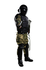 Soldiers in full uniform with armor, baton, protective shield. Uniform conforms to Police Special Purpose Mobile Unit (rosgvardia). Patch on the rude with the inscription Rosgvardia in Russian.