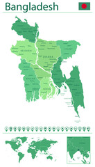 Bangladesh detailed map and flag. Bangladesh on world map.