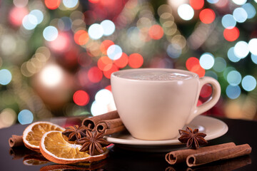 Coffee in a cup, cinnamon dry oranges and anise n afone bokeh from christmas tree.