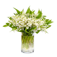 Bunch of Lilly of valley flowers in glass vase isolated on white background