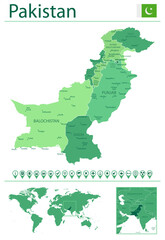 Pakistan detailed map and flag. Pakistan on world map.