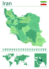Iran detailed map and flag. Iran on world map.