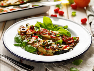 Zucchini with cheese-vegetable stuffing on an enameled white plate, close-up view. Vegetarian food