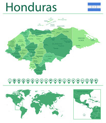 Honduras detailed map and flag. Honduras on world map.