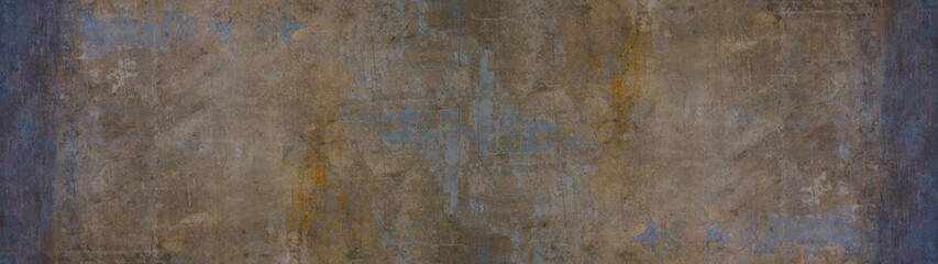 Old brown gray blue rusty vintage worn shabby patchwork motif tiles stone concrete cement wall texture background banner panorama wallpaper