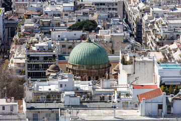 Athens city Greece and Dionisios Areopagitis church dome aerial view from Lycabettus mount. .