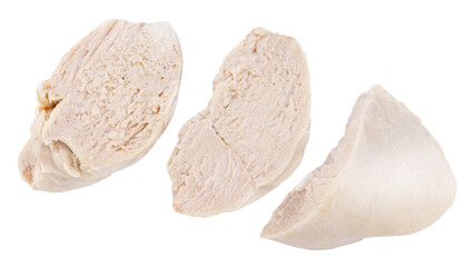 Pieces of boiled chicken breast isolated on white background