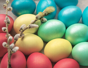 Easter eggs and pussy willow branches on a light background. close-up