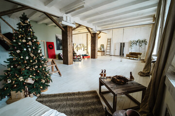New Year's decor, Christmas tree, loft-style sofa