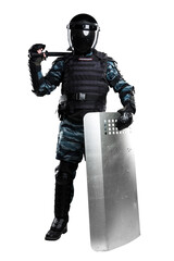 Soldiers in full uniform with armor, baton, protective shield. Uniform conforms to Police Special...