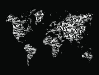 Fototapeta na wymiar Biotechnology word cloud in shape of world map, concept background 