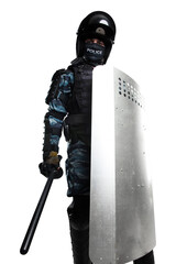 Soldiers in full uniform with armor, baton, protective shield. Uniform conforms to Police Special...