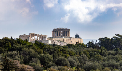 Fototapeta premium Acropolis rock view from Filopappou hill, Athens, Greece.