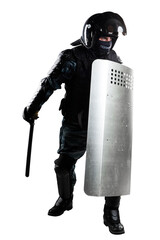 Soldiers in full uniform with armor, baton, protective shield. Uniform conforms to Police Special...