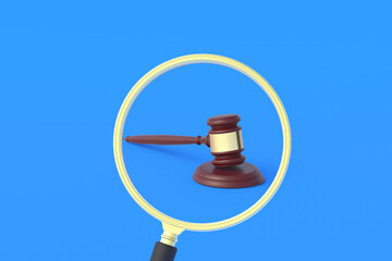 Judge hammer in magnifying glass on blue background. Search for evidence. Legal education. Research of judicial system. Study of legislation. Detection of offense. 3d render