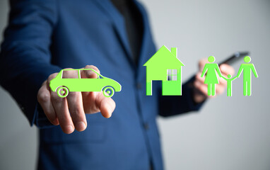 man holding phone and family with insurance icon