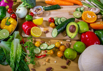 Healthy food clean eating selection: fruit, vegetable, seeds, superfood, leaf vegetable and mediterranean dishes. Detox and clean diet. Foods high in vitamins, minerals and antioxidants.