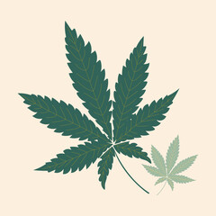 The marijuana leaf is painted in trending colors. Pattern of a narcotic plant for applications, printing on dishes, clothes, textiles. Vector graphics.