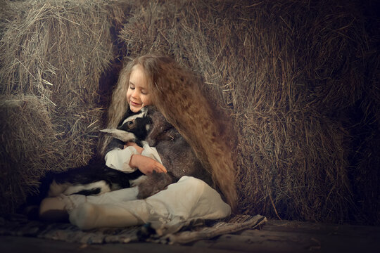 Beautiful little girl with long hair with a little lamb in the hayloft in Russia. Image with selective focus and toning