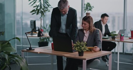 Couple of Caucasian Corporate Colleagues Using Laptop Checking Financial Agenda Information Report on Digital Computer interface Collaborating. - Powered by Adobe
