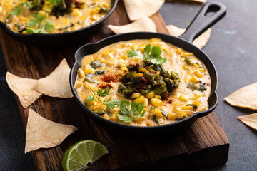 Grilled poblano and corn dip with tortilla chips
