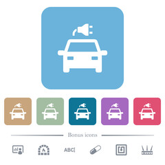 Electric car with connector flat icons on color rounded square backgrounds