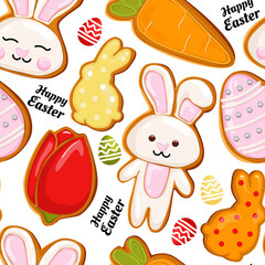 Gingerbread icon pattern, Easter holiday, colored eggs, carrots and bunny. Vector easter