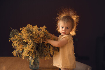 Funny little girl with mimosa bouquet. Her hair look like dandelion and beautifully lighted. Image...
