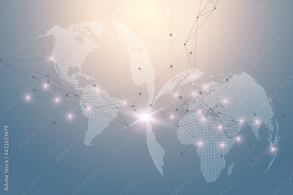 Aufkleber World map global technology networking concept. Digital data visualization. Lines plexus. Big Data background communication. Scientific illustration.