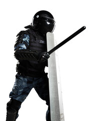 Soldiers in full uniform with armor, baton, protective shield. Uniform conforms to Police Special...