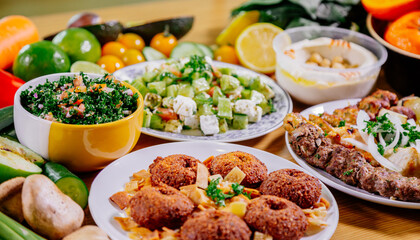 Healthy food clean eating selection: fruit, vegetable, seeds, superfood, leaf vegetable and mediterranean dishes. Detox and clean diet. Foods high in vitamins, minerals and antioxidants.